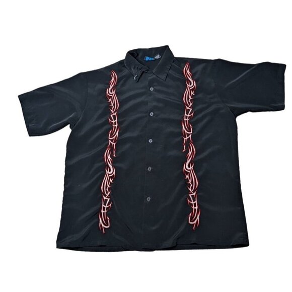 MT:2 Vintage Black and Red Embroidered Short Sleeve Button Down Shirt - Size XL - Picture 1 of 5